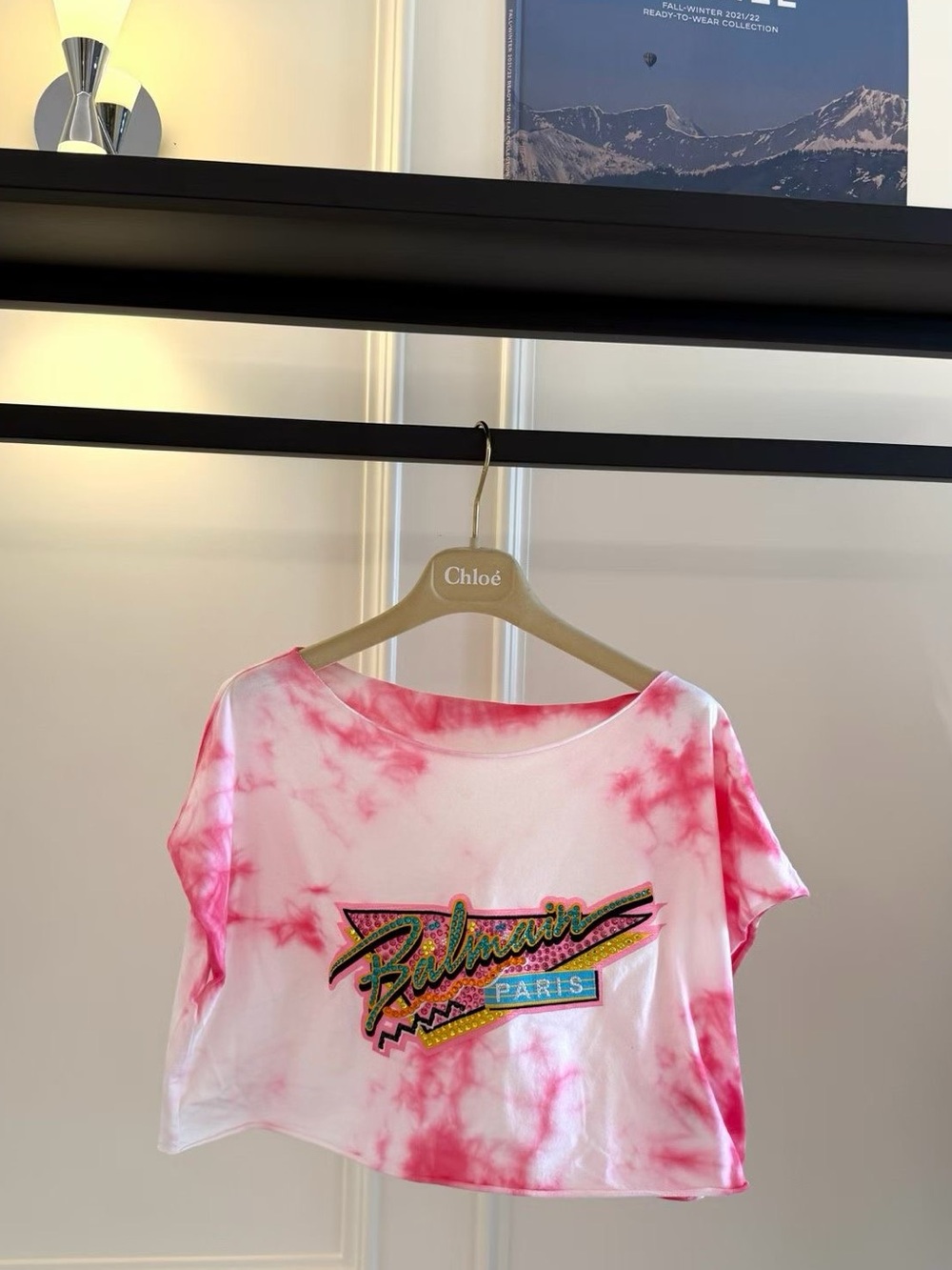 Balmain  Pink Tie-Dye Logo Crop Top